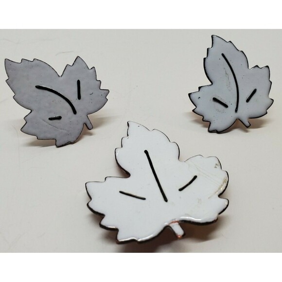 Vintage White Enamel & Copper Maple Leaf Brooch and Clip on Earrings Set Estate - Picture 1 of 9